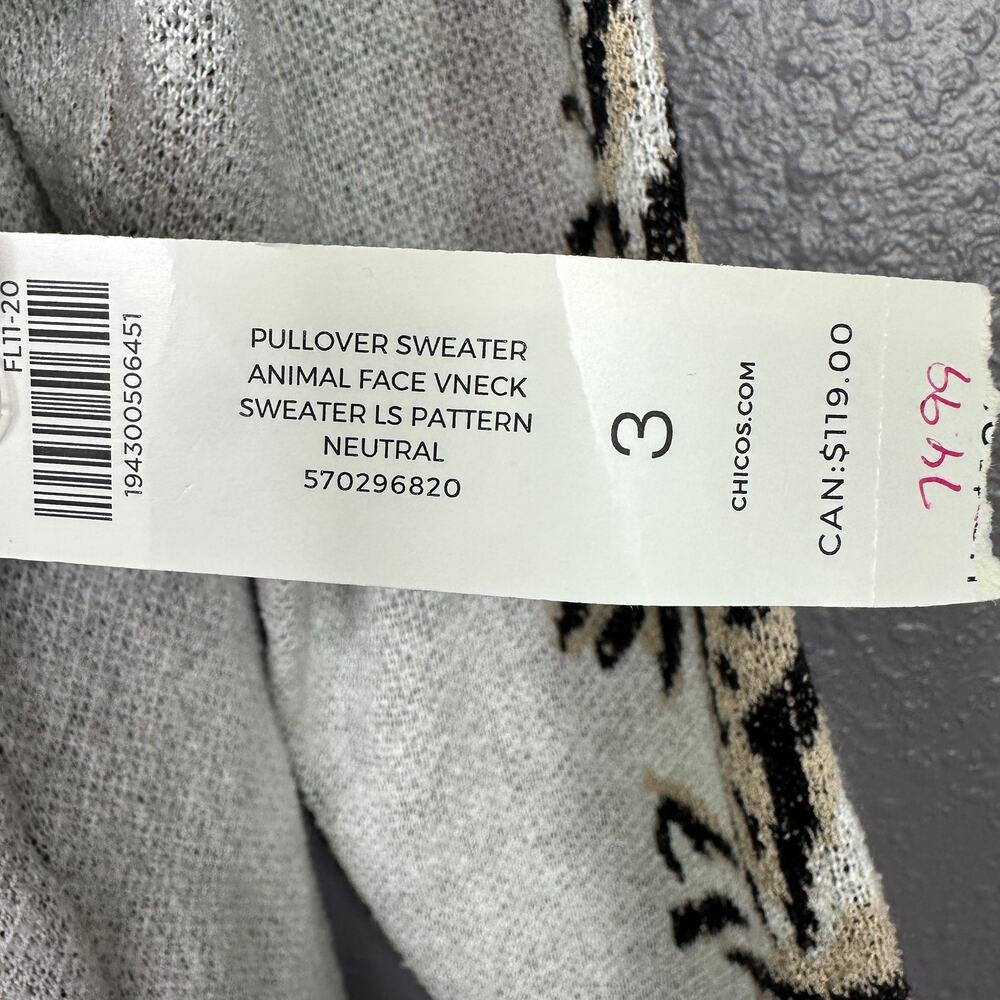 Chico's 3 US XL Tiger Animal Print Face V neck Tan Pullover Tunic Sweater NEW - Picture 5 of 7
